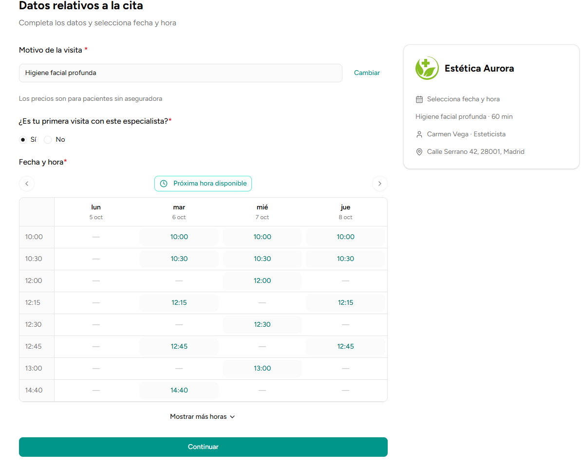 Reserva online: selección de servicio en Zutoki